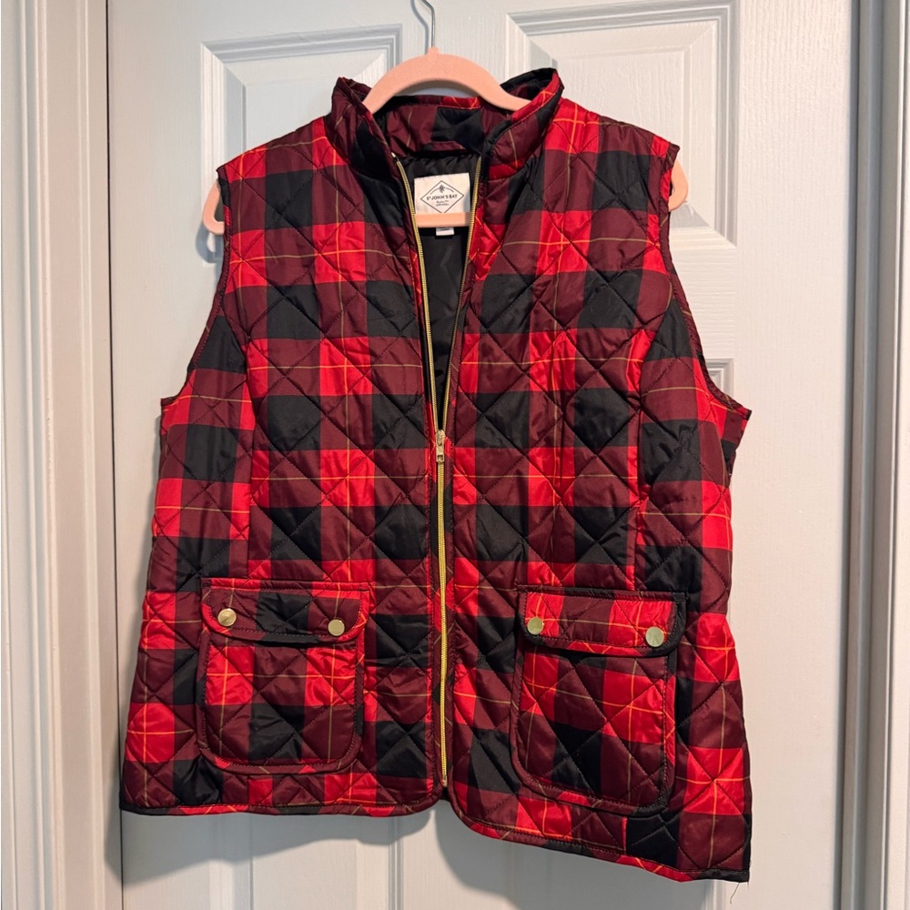 St. John's Bay Red and Black Plaid Quilted Vest